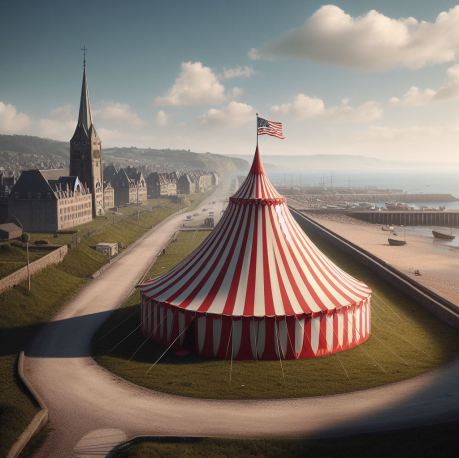 chapiteau de cirque rouge et blanc dans une ville en Normandie